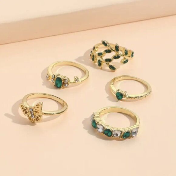 🔅🆕🔅✨BoHo 5pcs Rhinstones Emerald Green 💚Ring Sets✨ - Picture 3 of 6